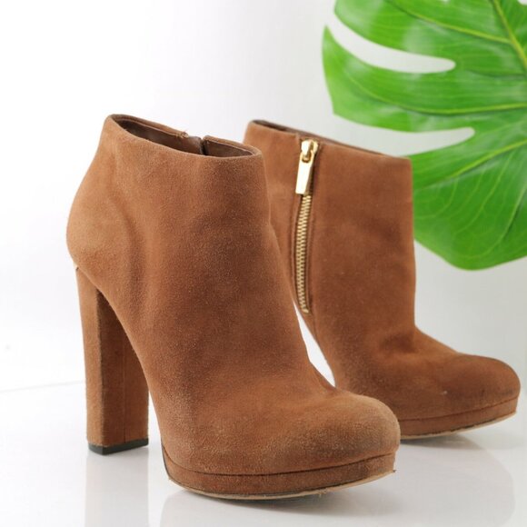 Michael Kors Womens Haven Boot Size 8 Camel Tan Suede Block Heel Platform Bootie - Picture 2 of 12